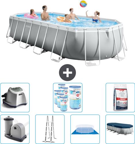 Intex Ovaal Prism Frame Zwembad - 610 x 305 x 122 cm - Grijs - Inclusief Pomp - Ladder - Grondzeil - Afdekzeil Zoutwatersysteem - Filters - Zwembadzout