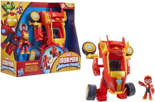 Marvel Iron Man and His Awesome Friends, 2-in-1 mech-pak en voertuig, actiefiguur en speelgoedvoertuig