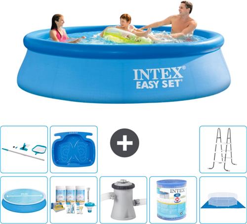 Intex Rond Opblaasbaar Easy Set Zwembad - 305 x 76 cm - Blauw - Inclusief Solarzeil - Onderhoudspakket - Zwembadfilterpomp - Filter - Grondzeil - Schoonmaakset - Ladder - Voetenbad