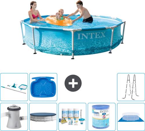Intex Rond Frame Zwembad - 305 x 76 cm - Waterprint - Inclusief Pomp Afdekzeil - Onderhoudspakket - Filter - Grondzeil - Schoonmaakset - Ladder - Voetenbad