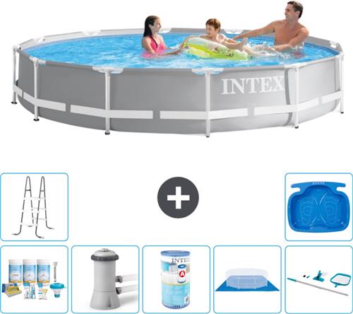 Intex Rond Prism Frame Zwembad - 366 x 76 cm - Grijs - Inclusief Onderhoudspakket - Zwembadfilterpomp - Filter - Grondzeil - Schoonmaakset - Ladder - Voetenbad