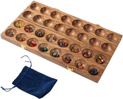 Mancala dubbel - walnoot met 75 grote edelstenen - Longfield