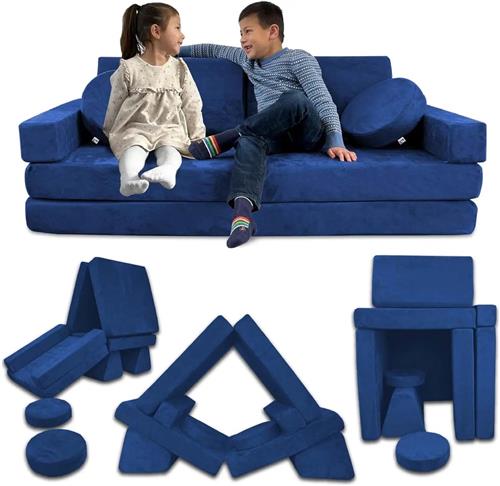Zetel - Kinderbank - Kinderzetel - Bankje - Bank - Modulaire - Sectie Sofa - Fortplay Meubel - voor Slaapkamer en Speelkamer  Converteerbare Schuim & Vloerkussen - Blauw