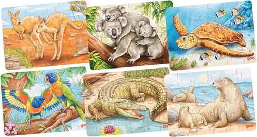 Set van 6 houten mini-puzzels - Australische dieren - 6 x 24 stukjes