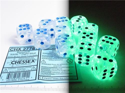Chessex Borealis D6 16mm Icicle/light blue Luminary Dobbelsteen Set (12 stuks)