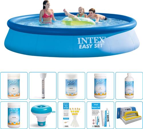Intex Rond Opblaasbaar Easy Set Zwembad - 396 x 84 cm - Blauw - Inclusief Chloor - Chloordrijver - Testrips - Reparatiesetje - Scrubborstel - PH-waarde - PH-waarde - Thermometer - Algen - Chloor