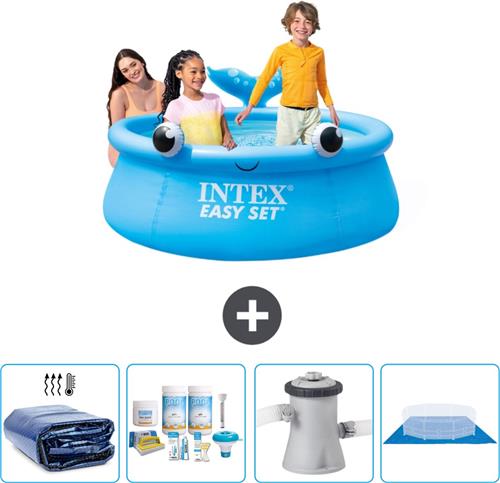 Intex Rond Opblaasbaar Easy Set Zwembad - 183 x 51 cm - Blauw - Walvis - Inclusief Solarzeil - Onderhoudspakket - Zwembadfilterpomp - Grondzeil