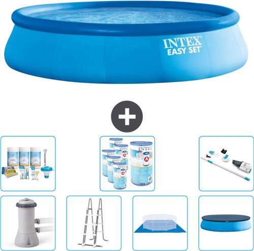 Intex Rond Opblaasbaar Easy Set Zwembad - 457 x 107 cm - Blauw - Inclusief Pomp - Ladder - Grondzeil - Afdekzeil Onderhoudspakket - Filters - Stofzuiger