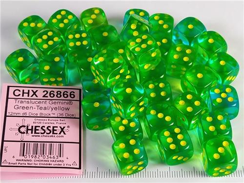 Chessex Gemini Translucent Green-Teal/yellow D6 12mm Dobbelsteen Set (36 stuks)