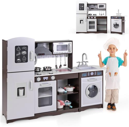 COSTWAY Kinderkeuken hout, hoek-speelkeuken met licht & geluid, incl. 7 accessoires, speelgoedkeuken met fornuis, gootsteen, ijsmachine, magnetron, wasmachine, afzuigkap, telefoon, voor kinderen vanaf