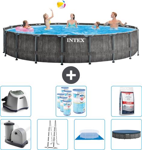 Intex Rond Prism Frame Greywood Zwembad - 549 x 122 cm - Inclusief Pomp - Ladder - Grondzeil - Afdekzeil Zoutwatersysteem - Filters - Zwembadzout