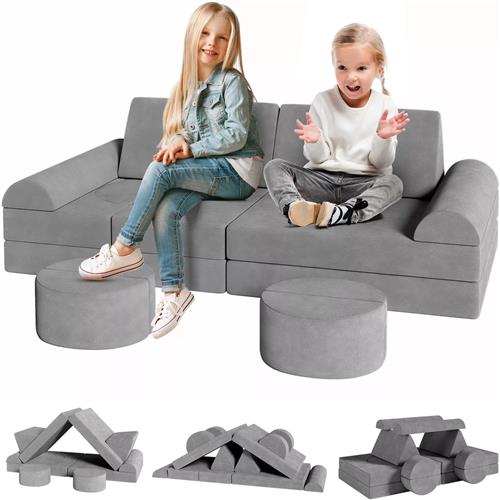 Zetel - Kinderbank - Kinderzetel - Bankje - Bank - Modulaire - Sectie Sofa - Fortplay Meubel - voor Slaapkamer en Speelkamer  Converteerbare Schuim & Vloerkussen - Donkergrijs