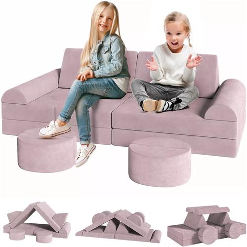Zetel - Kinderbank - Kinderzetel - Bankje - Bank - Modulaire - Sectie Sofa - Fortplay Meubel - voor Slaapkamer en Speelkamer  Converteerbare Schuim & Vloerkussen - Roze