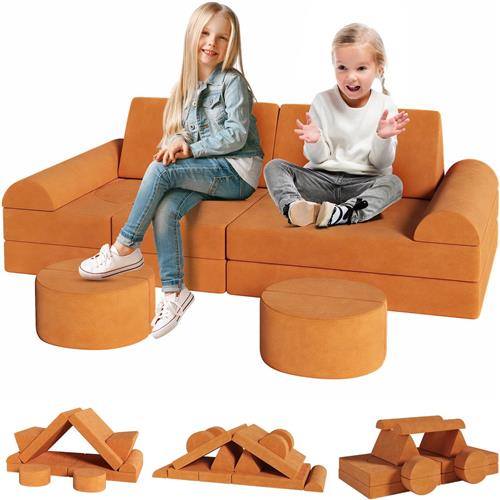 Zetel - Kinderbank - Kinderzetel - Bankje - Bank - Modulaire - Sectie Sofa - Fortplay Meubel - voor Slaapkamer en Speelkamer  Converteerbare Schuim & Vloerkussen - Oranje