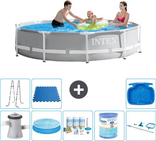Intex Rond Prism Frame Zwembad - 305 x 76 cm - Grijs - Inclusief Pomp Solarzeil - Onderhoudspakket - Filter - Schoonmaakset - Ladder - Voetenbad - Vloertegels
