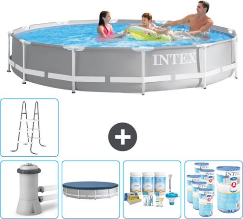 Intex Rond Prism Frame Zwembad - 366 x 76 cm - Grijs - Inclusief Pomp Afdekzeil - Onderhoudspakket - Filters - Ladder