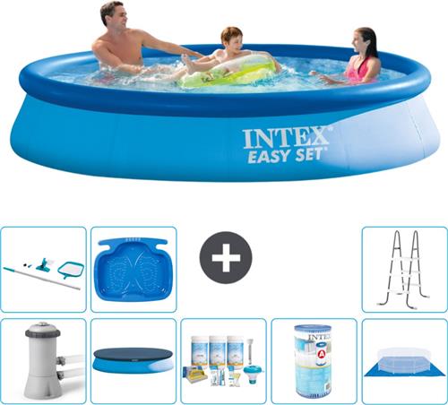 Intex Rond Opblaasbaar Easy Set Zwembad - 366 x 76 cm - Blauw - Inclusief Pomp Afdekzeil - Onderhoudspakket - Filter - Grondzeil - Schoonmaakset - Ladder - Voetenbad