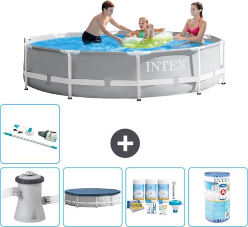 Intex Rond Prism Frame Zwembad - 305 x 76 cm - Grijs - Inclusief Pomp Afdekzeil - Onderhoudspakket - Filter - Stofzuiger - Vloertegels