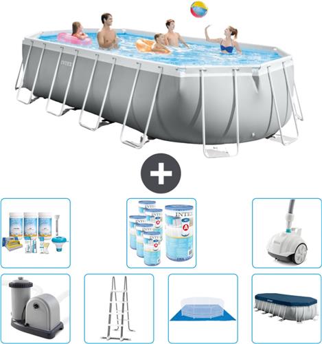 Intex Ovaal Prism Frame Zwembad - 610 x 305 x 122 cm - Grijs - Inclusief Pomp - Ladder - Grondzeil - Afdekzeil Onderhoudspakket - Filters - Stofzuiger