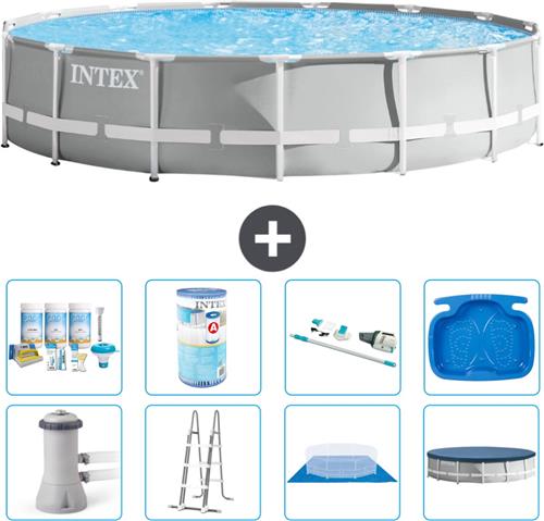 Intex Rond Prism Frame Zwembad - 457 x 107 cm - Grijs - Inclusief Pomp - Ladder - Grondzeil - Afdekzeil Onderhoudspakket - Filter - Stofzuiger - Voetenbad