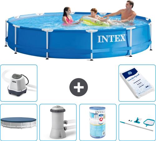 Intex Rond Frame Zwembad - 366 x 76 cm - Blauw - Inclusief Afdekzeil - Zwembadfilterpomp - Filter - Schoonmaakset - Zoutwatersysteem - Zwembadzout