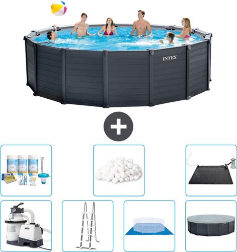 Intex Rond Graphite Gray Panel Zwembad - 478 x 124 cm - Inclusief Pomp - Ladder - Grondzeil - Afdekzeil Onderhoudspakket - Filterbollen - Solar Mat