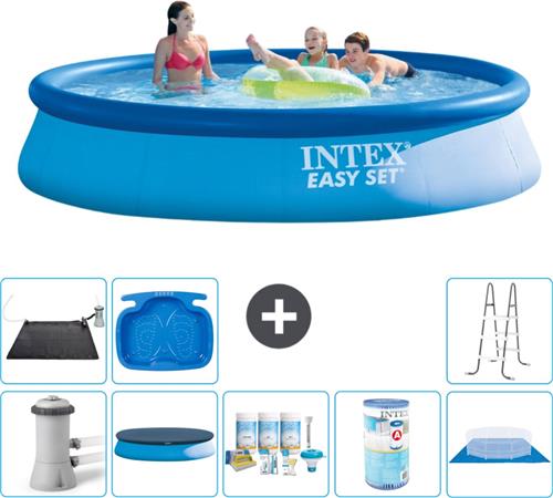 Intex Rond Opblaasbaar Easy Set Zwembad - 396 x 84 cm - Blauw - Inclusief Pomp Afdekzeil - Onderhoudspakket - Filter - Grondzeil - Solar Mat - Ladder - Voetenbad