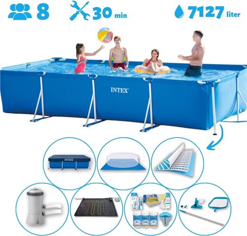 Intex Rechthoekig Opzetzwembad - 450 x 220 x 84 cm - Blauw - Inclusief Pomp - Solar Mat - Onderhoudspakket - Grondzeil - Afdekzeil - Schoonmaaktset