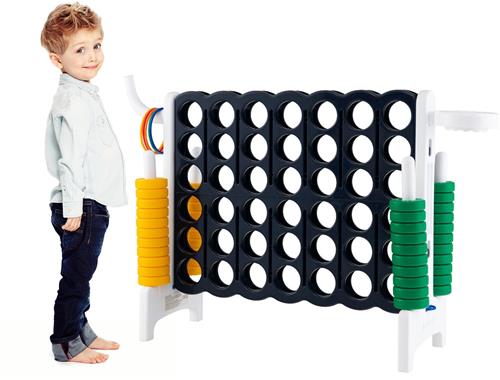 COSTWAY Enorme 4 wint speelset met basketbalkorf en werpspel, incl. 42 jumbo-ringen en schuifregelaar om snel opnieuw te starten, vier in een rij spel groot (donkerblauw + wit)