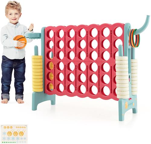 COSTWAY Enorme 4 wint speelset met basketbalkorf en werpspel, incl. 42 jumbo-ringen en schuifregelaar om snel opnieuw te starten, vier in een rij spel groot (lichtblauw)