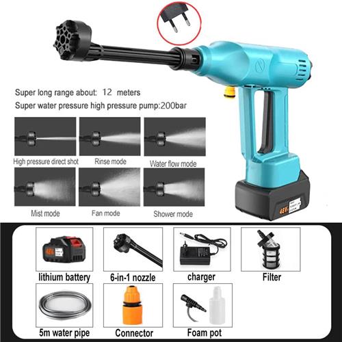 Hogedrukreiniger - Terrasreiniger - Waterpistool - Draadloze - Elektrische - 30000mAh Accu - 200 Bar - 6-in-1 Spuitpistool - Pressure Washer - en Verstelbare Nozzle - Autowasser en Tuinreiniger  Inclusief 1x Accu