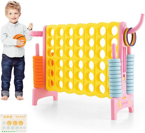 COSTWAY Enorme 4 winnen speelset met basketbalkorf en werpspel, incl. 42 jumbo-ringen en schuifregelaar om snel opnieuw te starten, vier in een rij spel groot (roze)