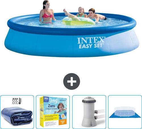 Intex Rond Opblaasbaar Easy Set Zwembad - 396 x 84 cm - Blauw - Inclusief Solarzeil - Onderhoudspakket - Zwembadfilterpomp - Grondzeil