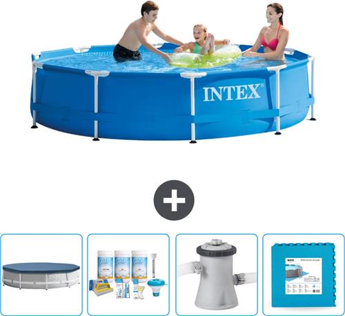 Intex Rond Frame Zwembad - 305 x 76 cm - Blauw - Inclusief Afdekzeil - Onderhoudspakket - Zwembadfilterpomp - Vloertegels