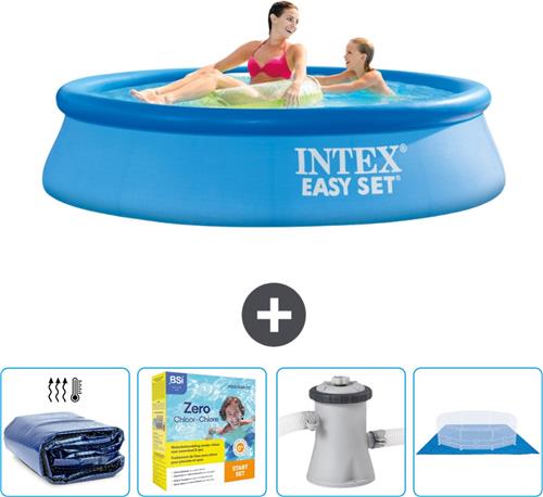 Intex Rond Opblaasbaar Easy Set Zwembad - 244 x 61 cm - Blauw - Inclusief Solarzeil - Onderhoudspakket - Zwembadfilterpomp - Grondzeil