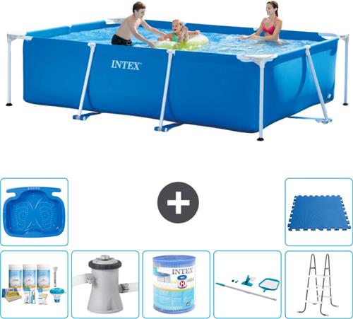 Intex Rechthoekig Frame Zwembad - 300 x 200 x 75 cm - Blauw - Inclusief Onderhoudspakket - Zwembadfilterpomp - Filter - Schoonmaakset - Ladder - Voetenbad - Vloertegels
