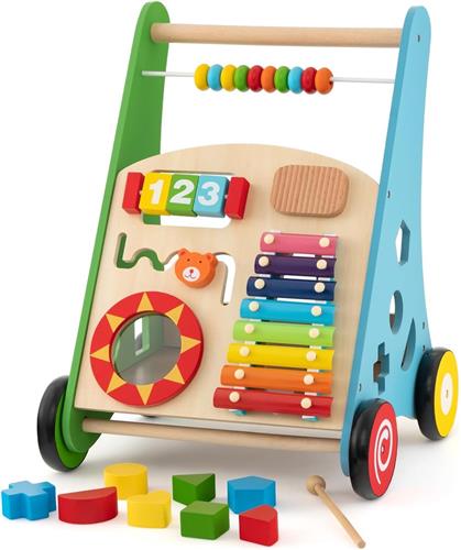 COSTWAY Babyloophulp van hout, multifunctionele loopwagen met gladde handgrepen, rubberen banden en geïntegreerde speelactiviteiten, loopwagen voor baby's vanaf 1 jaar (kleurrijk)