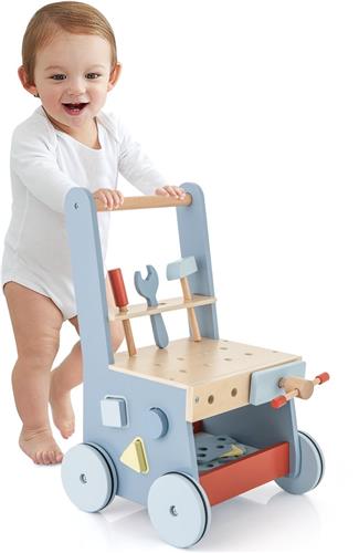 COSTWAY Houten loopwagen, loophulp met multi-activiteitencentrum, kinderwerkbank, speeltafel, Montessori-speelgoed, loopwagen voor kinderen vanaf 1 jaar