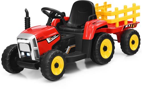 COSTWAY 12 V 3 versnellingen tractor met afneembare hanger en 2,4 G afstandsbediening, kinderopzittractor met ledverlichting, muziek, claxon en USB-functies, geschikt voor kinderen vanaf 3 jaar (rood)