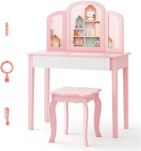 COSTWAY Kinderen kaptafel, meisjes kaptafel set met drievoudig spiegel & grote lade, 2 in 1 afneembaar ontwerp, stijlvolle prinses make-up tafel en kruk (Wit)