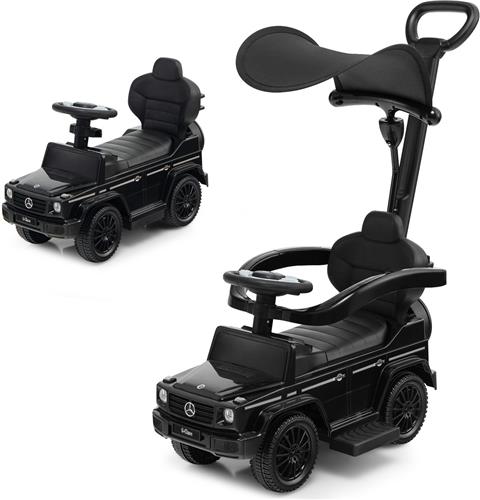 COSTWAY Mercedes Benz Glijauto, 3-in-1 glijbaan met zonnedak, opbergruimte en afneembare beschermbeugel en duwstang, glijvoertuig met motorgeluid en claxon, voor kinderen vanaf 1 jaar (zwart)