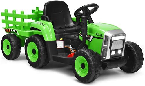 COSTWAY 12 V 3 versnellingen tractor met afneembare hanger en 2,4 G afstandsbediening, kinderzittractor met ledverlichting, muziek, claxon en USB-functies, geschikt voor kinderen vanaf 3 jaar (groen)