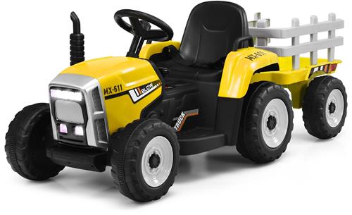 COSTWAY 12 V 3 versnellingen tractor met afneembare aanhanger en 2,4 G afstandsbediening, kinderzittractor met ledverlichting, muziek, claxon en USB-functies (geel)