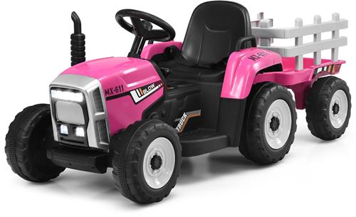 COSTWAY 12V Kindertractor met Aanhanger Elektrische Speelgoedauto 135 x 51 x 53 cm Roze