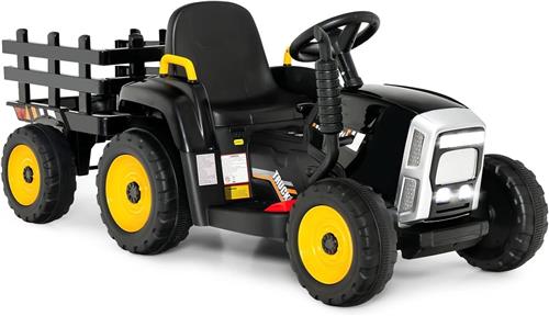 COSTWAY 12V trekker met 3 snelheden, afneembare aanhanger en 2.4G afstandsbediening, zitmaaier voor kinderen met LED-verlichting, muziek, claxon & USB-functies voor kinderen vanaf 3 jaar (zwart)