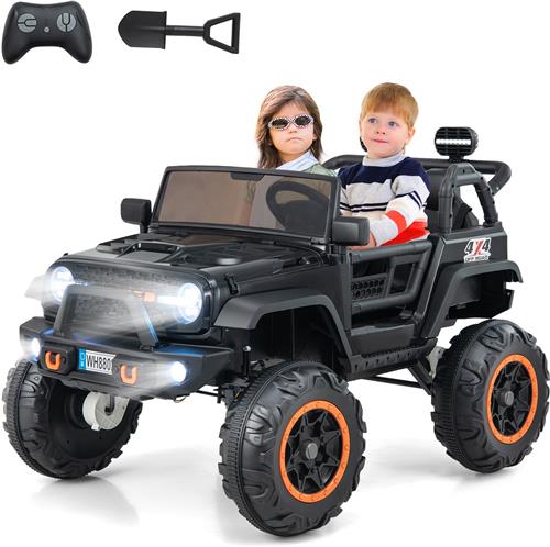 COSTWAY 2-zits elektrische auto voor kinderen, 24 V kindervoertuig met afstandsbediening en schep, elektrisch voertuig met muziek en verhalen en USB & claxon, jeepauto voor kinderen vanaf 3 jaar