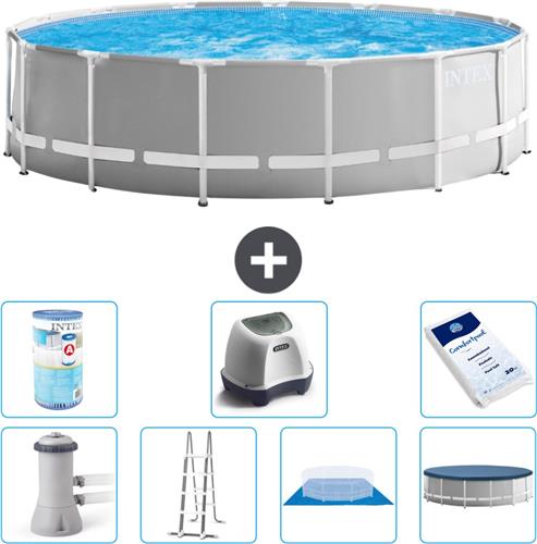 Intex Rond Prism Frame Zwembad - 457 x 122 cm - Grijs - Inclusief Pomp - Ladder - Grondzeil - Afdekzeil Filter - Zoutwatersysteem - Zwembadzout