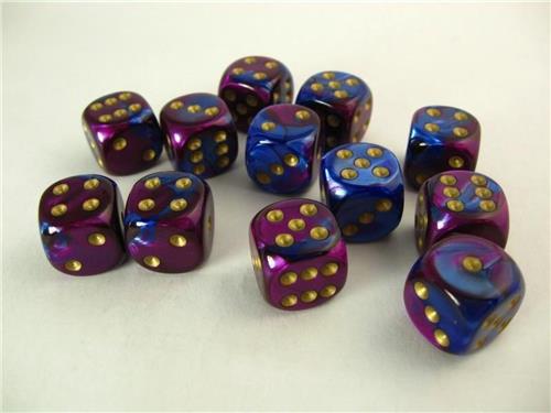 Chessex 12 x D6 Set Gemini 16mm - Blue-Purple/Gold