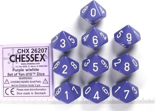 Chessex Opaque Purple/white D10 Dobbelsteen Set (10 stuks)