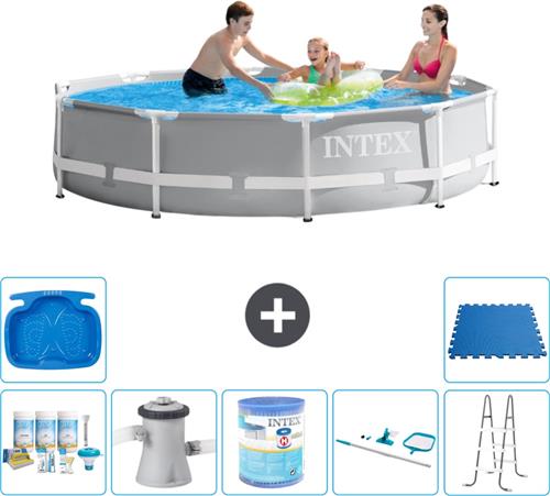 Intex Rond Prism Frame Zwembad - 305 x 76 cm - Grijs - Inclusief Onderhoudspakket - Zwembadfilterpomp - Filter - Schoonmaakset - Ladder - Voetenbad - Vloertegels